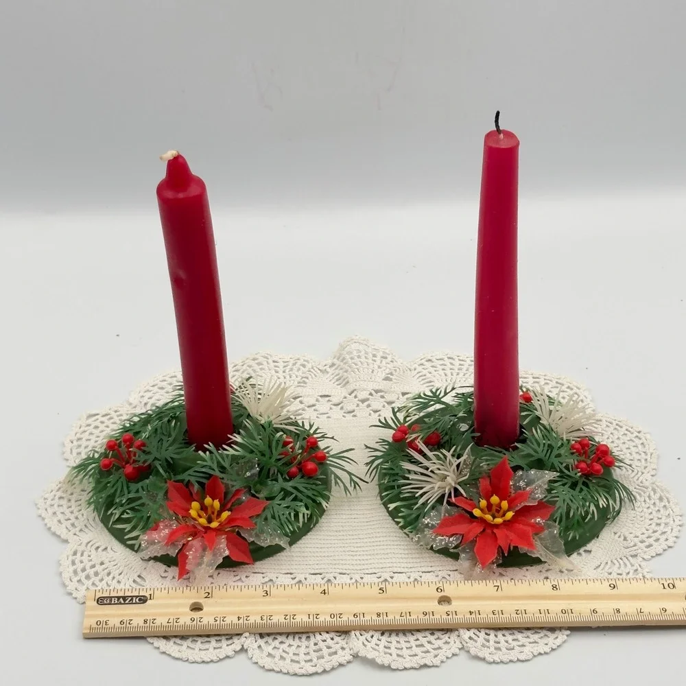 Vintage Christmas Poinsettia Candle Rings‎ Set of 2 Red Green Holiday Decor